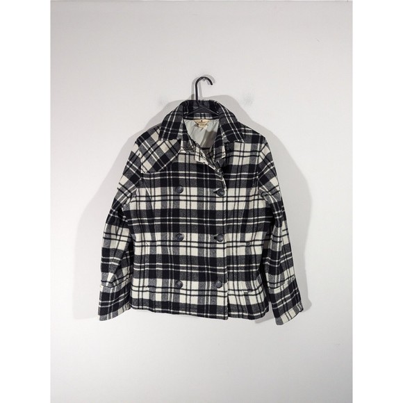 Woolrich Black White Plaid Peacoat Jacket Preppy Wool Blend Women Size S - Picture 1 of 10